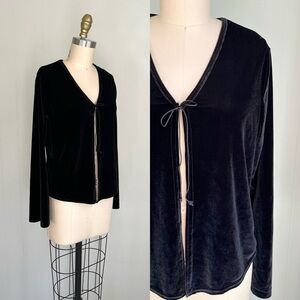 Vintage Y2K Black Velvet Tie Front Cardigan Top Large No Boundaries‎ Goth Grunge